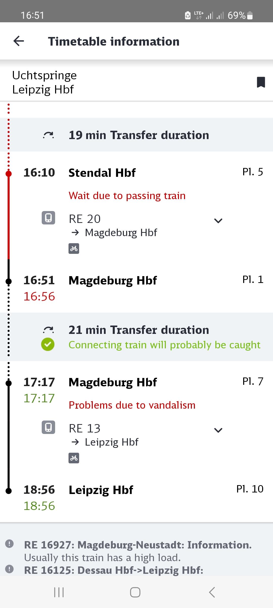 DB App showing the delay for my journey from Uchtspringer to Leipzg